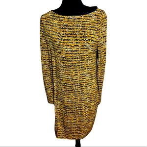 Isaac Mizrahi Size 8 orange and black patterned midi dress leather collar detail